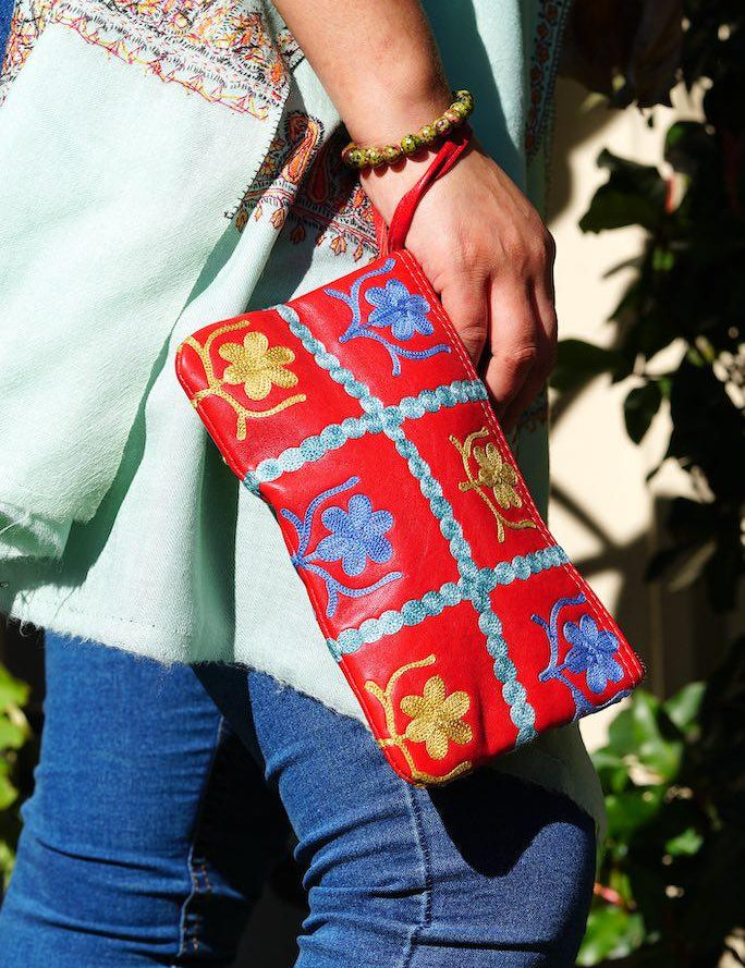 Beautiful handmade wristlet purse with Kashmiri embroidery for everyday use.