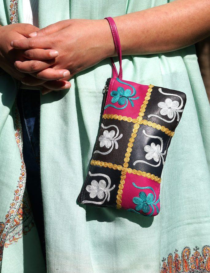 Beautiful handmade wristlet purse with Kashmiri embroidery for everyday use.