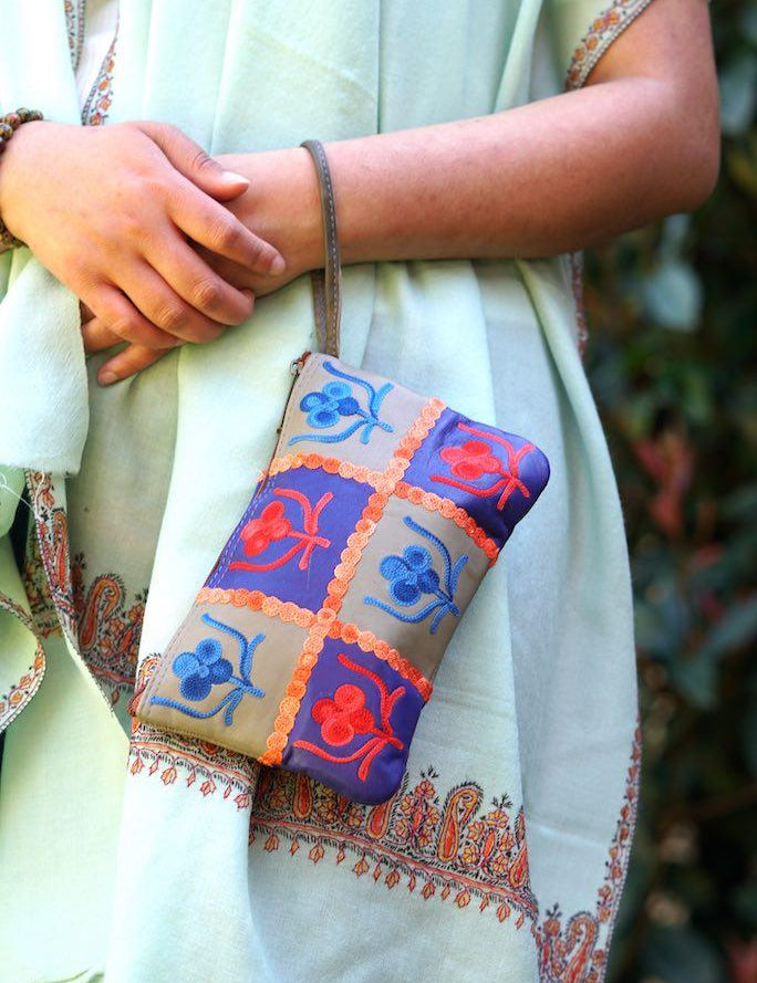 Beautiful handmade wristlet purse with Kashmiri embroidery for everyday use.