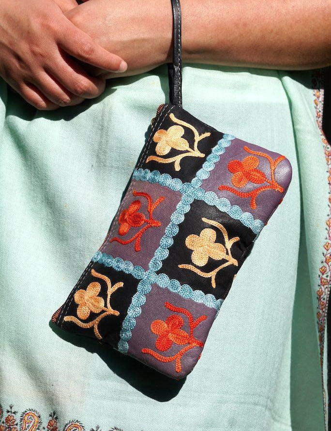 Beautiful handmade wristlet purse with Kashmiri embroidery for everyday use.