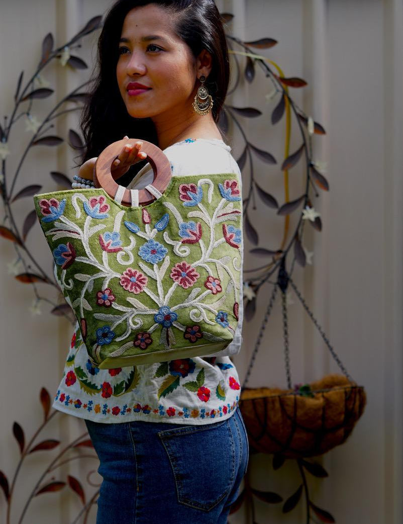 A stylist women’s Tote bag for everyday use, handmade and kashmiri embroidery design for boho style. 