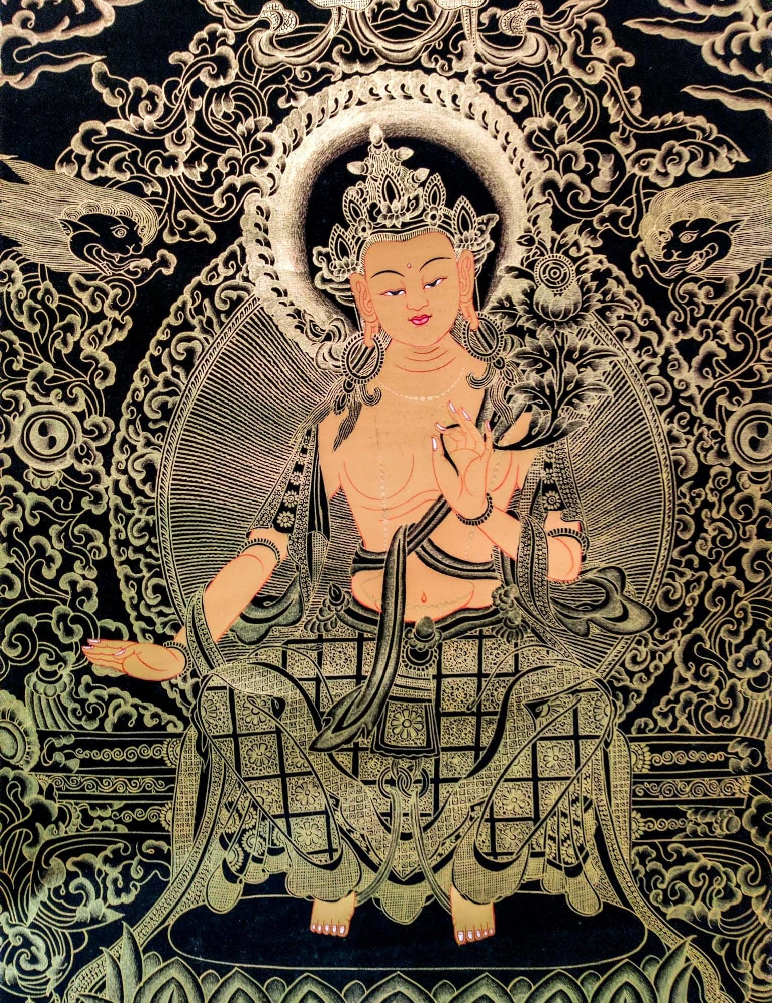 Beautiful Thangka Art of Maitreya Buddha also know as the Buddha of Future . Gold painted Maitreya Buddha