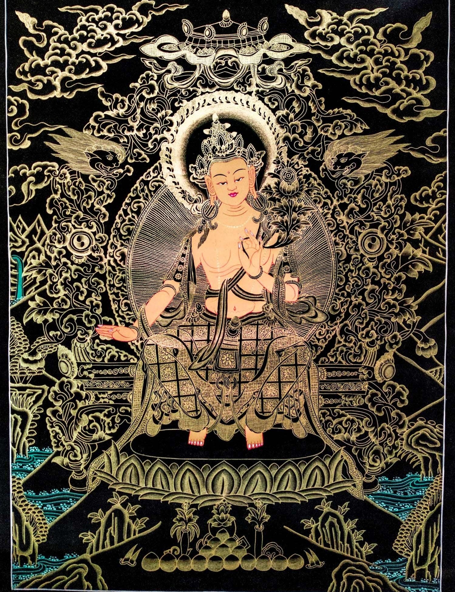 Beautiful Thangka Art of Maitreya Buddha also know as the Buddha of Future . Gold painted Maitreya Buddha