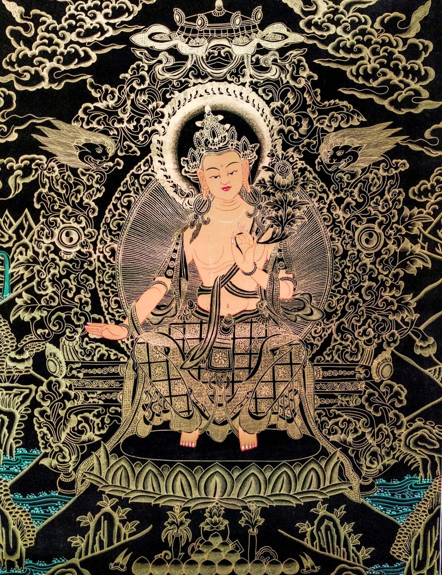 Beautiful Thangka Art of Maitreya Buddha also know as the Buddha of Future . Gold painted Maitreya Buddha