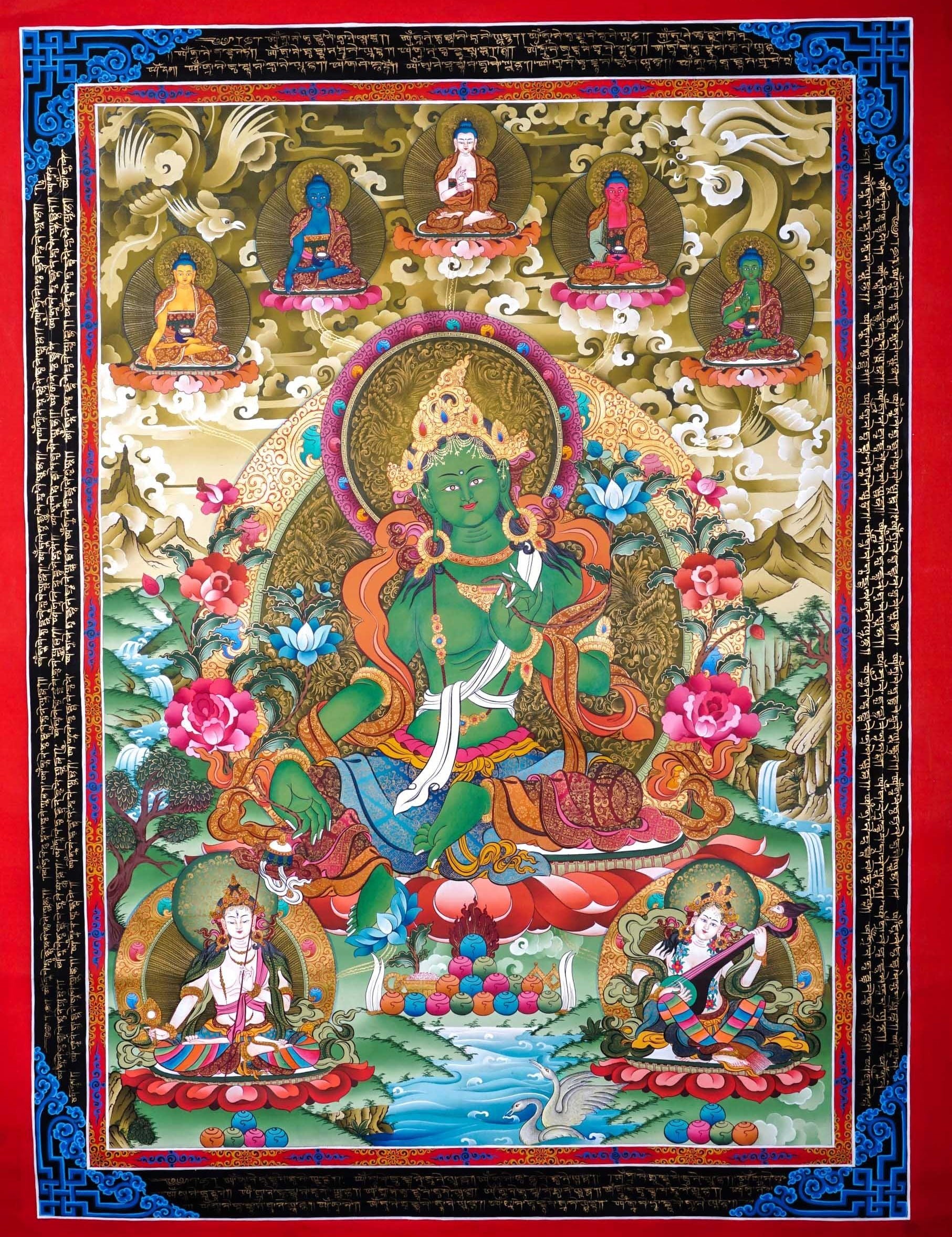 Green Tara Female Deity Thangka Painting  For Meditational Practice and Spiritual Gifts