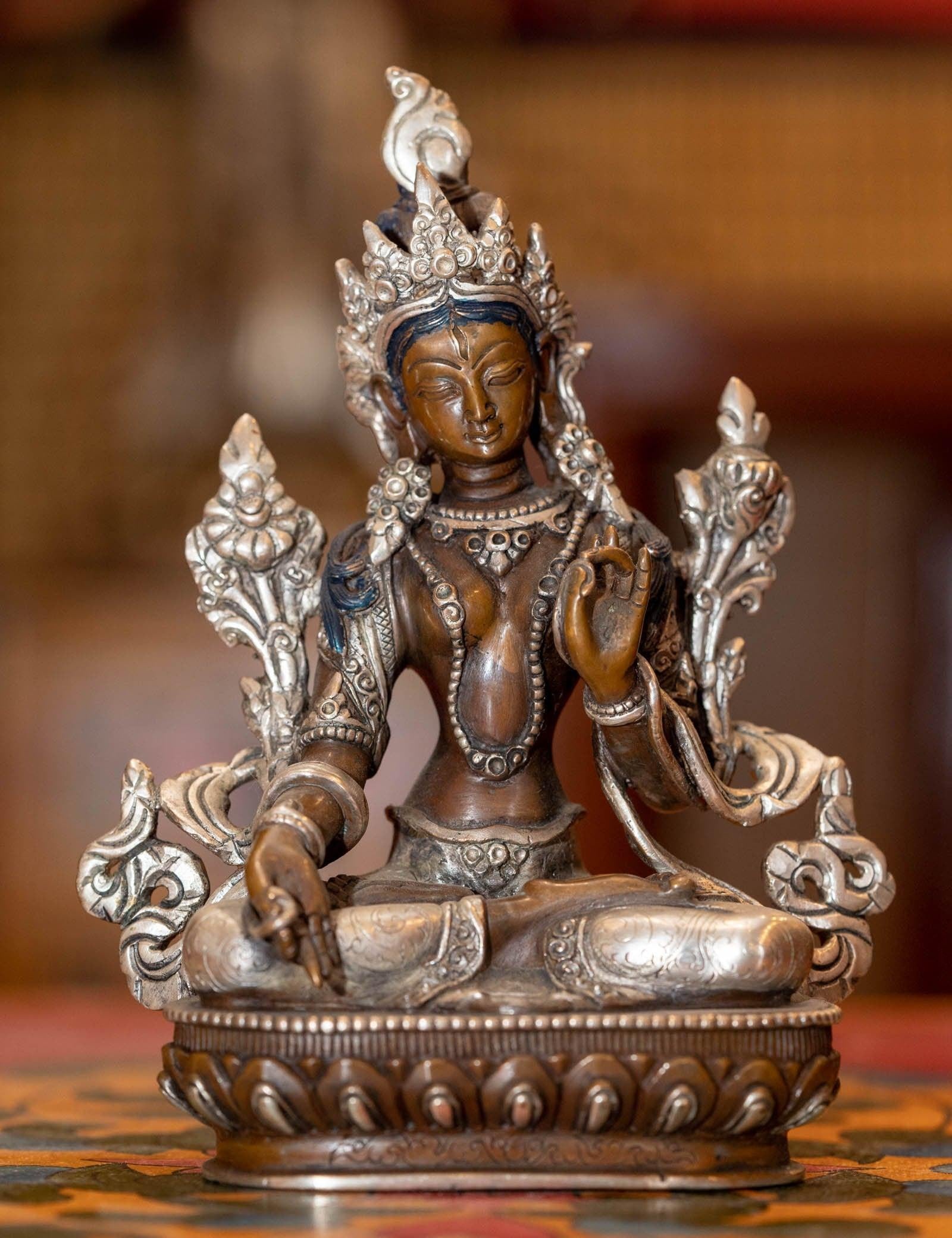 White tara statue silver plated in bronze handmade high quality small size Tibetan statue.