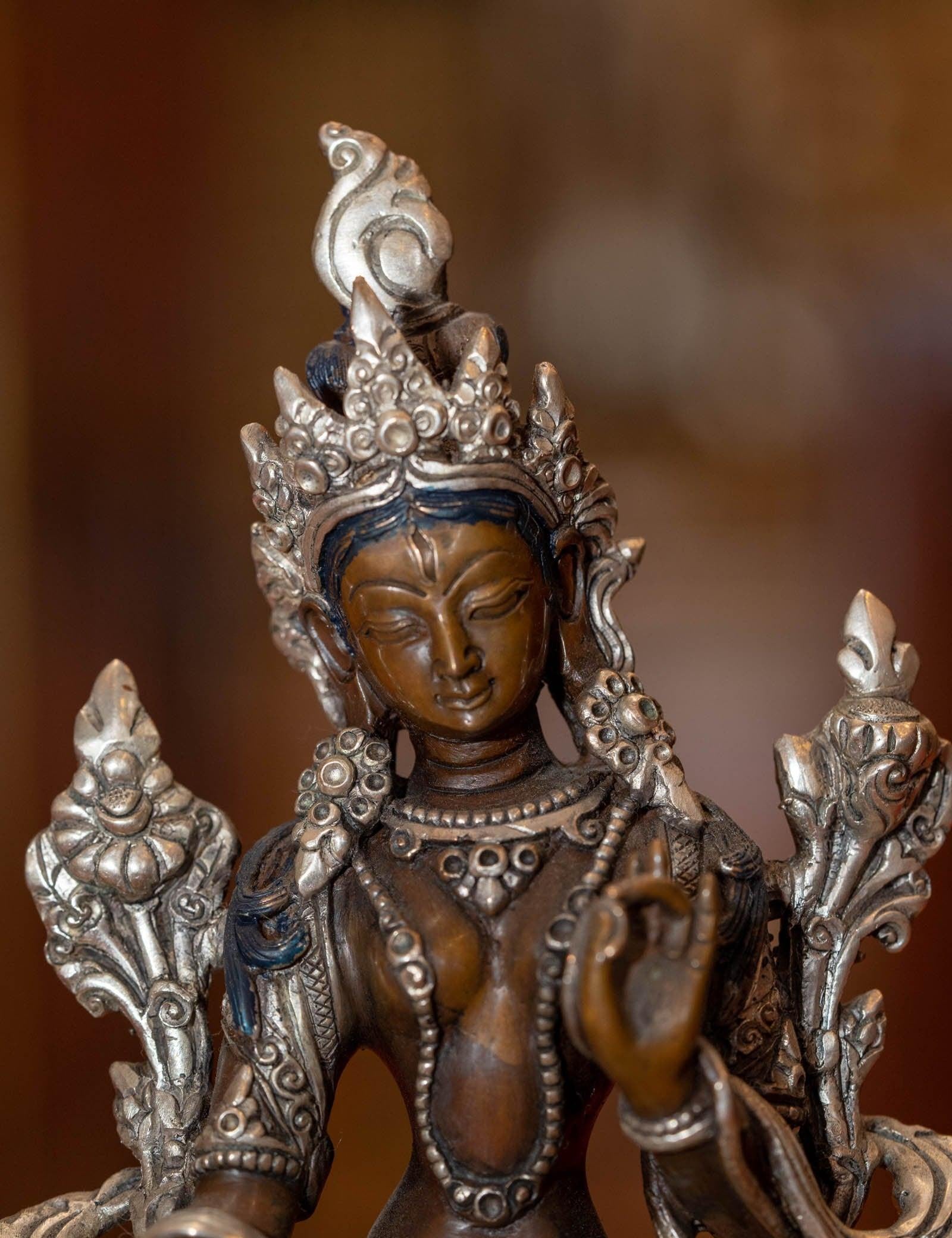 White tara statue silver plated in bronze handmade high quality small size Tibetan statue.